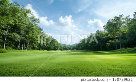 Serene Green Golf Course Landscape Under Clear Blue Sky with Fluffy White Clouds 128789625