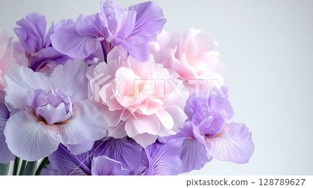 Beautiful bouquet of pink and purple flowers with soft petals on a light background 128789627