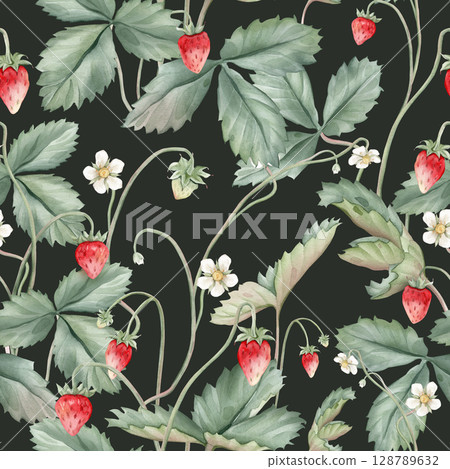 Seamless floral ornamental pattern. Wild strawberry with fruits and flowers on the black background. Hand drawn watercolor illustration Woodland strawberries. Repeat background. Seamless floral ornamental pattern. Wild strawberry with fruits and flowers on the black background. Hand drawn watercolor illustration Woodland strawberries. Repeat background. 128789632