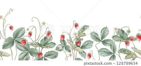Wild strawberries rectangular Frame. Hand drawn watercolor illustration of Border with woodland strawberries and white flowers on white isolated background. Drawing for food label or cards design. 128789634