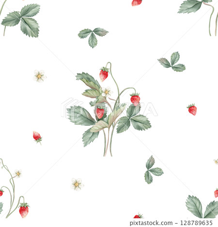 Botanical, kids style seamless pattern with wild strawberry flowers and berries on a white background. Background for children's room decor, wallpaper. Hand drawn illustration woodland strawberries. Botanical, kids style seamless pattern with wild strawberry flowers and berries on a white background. Background for children's room decor, wallpaper. Hand drawn illustration woodland strawberries. 128789635