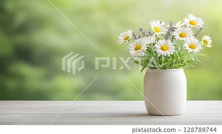 Fresh Wildflowers Arrangement in White Vase on Wooden Table with Soft Green Background Fresh Wildflowers Arrangement in White Vase on Wooden Table with Soft Green Background 128789744