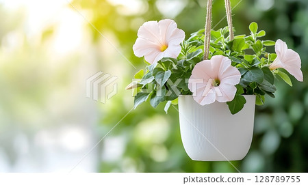 Hanging flower pot with pink blossoms and greenery in a bright natural background Hanging flower pot with pink blossoms and greenery in a bright natural background 128789755