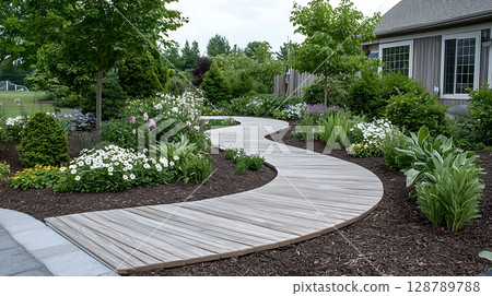 Scenic Curved Pathway Through Lush Garden Surrounded by Vibrant Flowers and Greenery 128789788