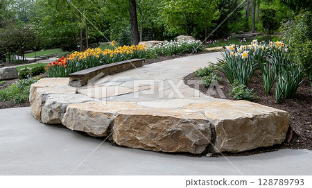 Serene Landscape Pathway with Stone Border and Vibrant Flower Garden in Springtime Setting 128789793