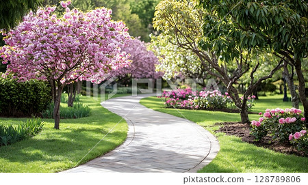 Beautiful Spring Garden Pathway with Blooming Pink Trees and Lush Greenery in Full Sunlight 128789806