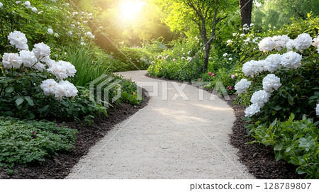 Serene Garden Pathway Surrounded by Blooming White Roses and Lush Green Foliage in Nature 128789807