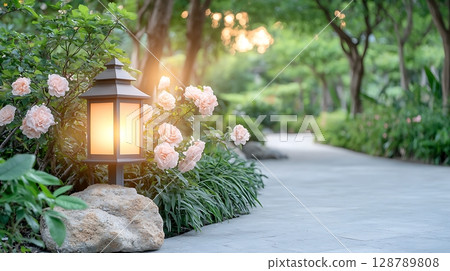 Serene Pathway with Lantern and Beautiful Roses in a Tranquil Garden Setting 128789808