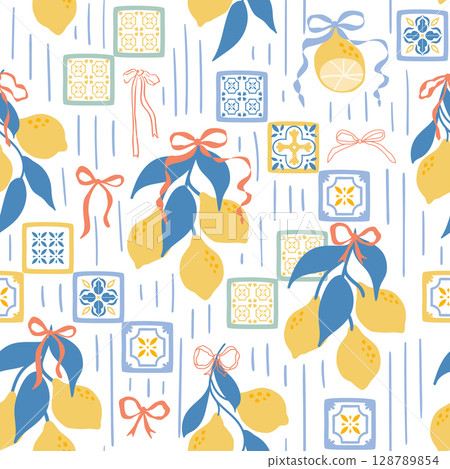 Lemon, ribbons, stripes, bow knots, summer Mediterranean tile seamless pattern. Vector citrus decorative print 128789854