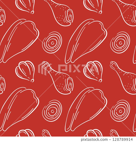 Seamless pattern with chicken drumstick and fillet, garlic and onion in line art style on red background. Perfect for food packaging, cooking theme and culinary branding design. Seamless pattern with chicken drumstick and fillet, garlic and onion in line art style on red background. Perfect for food packaging, cooking theme and culinary branding design. 128789914
