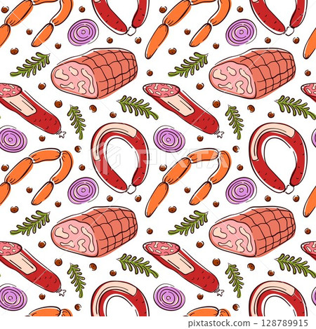 Seamless red flat style pattern with sausage, ham, herbs, onion slice and peppercorn. Perfect for butcher shop package, kitchen wallpaper, menu cafe or traditional meat cuisine design. Seamless red flat style pattern with sausage, ham, herbs, onion slice and peppercorn. Perfect for butcher shop package, kitchen wallpaper, menu cafe or traditional meat cuisine design. 128789915