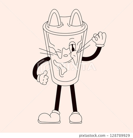 Groovy drink cat character in shape of Iced cold brew coffee with ears and whiskers in line art style. Retro mascot isolated on a light background. Groovy drink cat character in shape of Iced cold brew coffee with ears and whiskers in line art style. Retro mascot isolated on a light background. 128789929