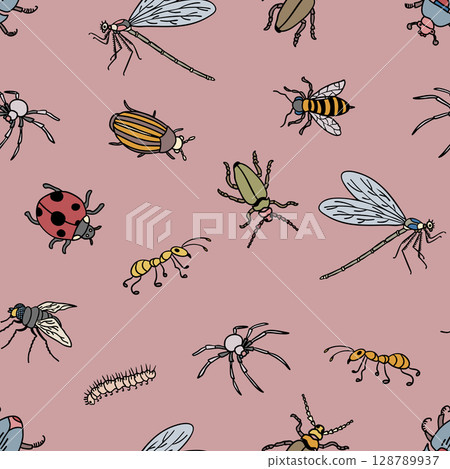 Playful Pink Background with Colorful Hand-Drawn Bugs Playful Pink Background with Colorful Hand-Drawn Bugs 128789937