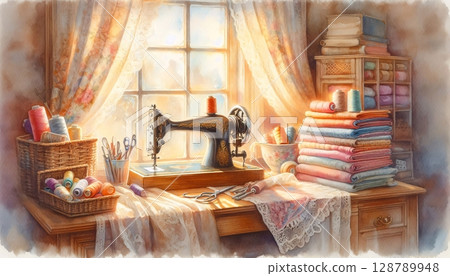 Vintage Cozy Sewing Room with Fabric, Threads, and Antique Machine 128789948