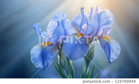 Elegant Blue Iris Flowers in Soft Sunlight with a Dreamy Background and Gentle Rays Elegant Blue Iris Flowers in Soft Sunlight with a Dreamy Background and Gentle Rays 128789949