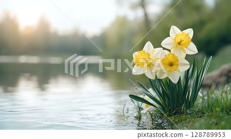 Beautiful Daffodils Blooming by Calm Lake with Soft Sunlight and Vibrant Greenery 128789953
