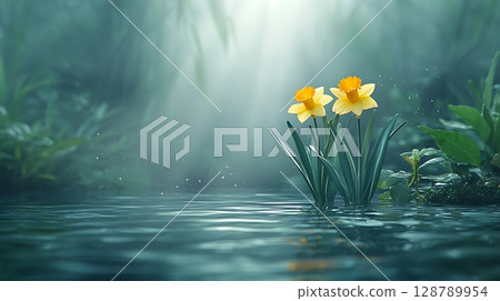 Serene Yellow Daffodils Blooming in Tranquil Waters with Soft Misty Background Serene Yellow Daffodils Blooming in Tranquil Waters with Soft Misty Background 128789954