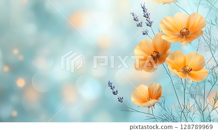 Delicate Orange Flowers with Lavender Against a Soft Blurred Background in Pastel Tones 128789969