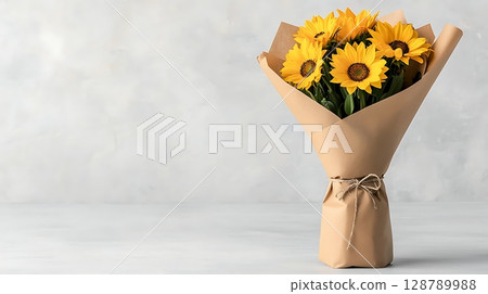 Beautiful bouquet of bright yellow sunflowers wrapped in paper on a light background 128789988