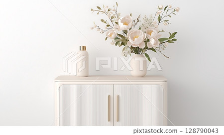 Elegant Minimalist Display Featuring Floral Arrangement and Stylish Decorative Items 128790043