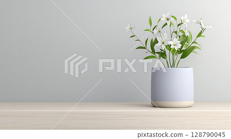 Minimalistic Flower Arrangement in Modern Pot on Wooden Table Against Soft Gray Background 128790045