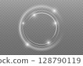 Luminous Spiral Light Twirl with Shiny Wave Motion, White Glowing Particles. Glitter silver neon circle ring frame. Light white Twirl. Curve light effect of white line. Abstract luxury white light 128790119