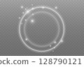 Luminous Spiral Light Twirl with Shiny Wave Motion, White Glowing Particles. Glitter silver neon circle ring frame. Light white Twirl. Curve light effect of white line. Abstract luxury white light 128790121