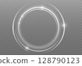 Luminous Spiral Light Twirl with Shiny Wave Motion, White Glowing Particles. Glitter silver neon circle ring frame. Light white Twirl. Curve light effect of white line. Abstract luxury white light 128790123
