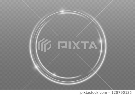 Luminous Spiral Light Twirl with Shiny Wave Motion, White Glowing Particles. Glitter silver neon circle ring frame. Light white Twirl. Curve light effect of white line. Abstract luxury white light 128790125