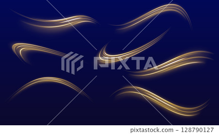 Set of curved yellow light lines on transparent background. Bright lights with glowing lines in motion. Vector illustration 128790127