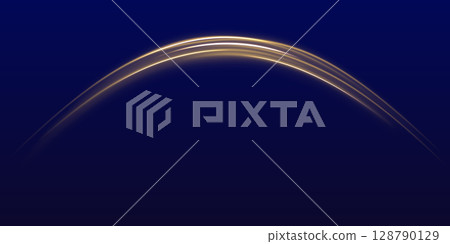 Curved yellow light lines on transparent background. Gold swirl with flare sparkles. Blurred overlay effect for photo and mockups 128790129