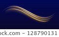 Curved yellow light lines on transparent background. Gold swirl with flare sparkles. Blurred overlay effect for photo and mockups 128790131