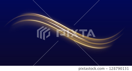 Curved yellow light lines on transparent background. Gold swirl with flare sparkles. Blurred overlay effect for photo and mockups 128790131