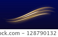 Curved yellow light lines on transparent background. Gold swirl with flare sparkles. Blurred overlay effect for photo and mockups 128790132