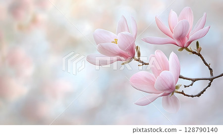 Delicate Pink Magnolia Flowers Blooming on a Branch with Soft Blurred Background 128790140