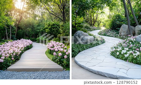 Serene Garden Path with Flowers and Stone Walkway in Lush Greenery During Daylight Serene Garden Path with Flowers and Stone Walkway in Lush Greenery During Daylight 128790152