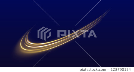 Curved yellow light lines on transparent background. Gold swirl with flare sparkles. Blurred overlay effect for photo and mockups 128790154