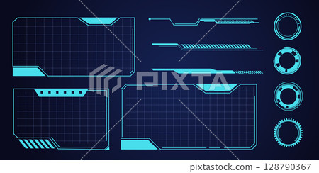 Hud frame futuristic ui frame, line abstract interface menu. Tech cyberspace border sci fi design element. Set modern board dashboard panel, gui. 128790367