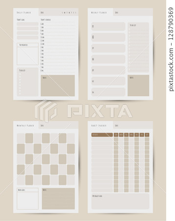 Minimalist printable personal planner page templates. Daily, weekly, monthly pages plan format A4. Habit tracker.  128790369