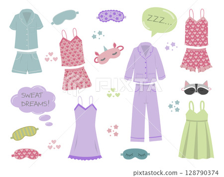 Sleepwear for women, nightwear for females, fashionable collection Pajamas set. Vector in flat style 128790374
