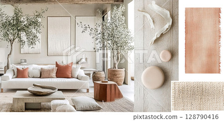 Experience the serenity of neutral-toned minimalism with earthy textures and a touch of warmth 128790416