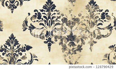 Vintage charm meets modern elegance in this intricate black and grey damask pattern, adding a touch of sophistication and timeless appeal to any setting.  128790429