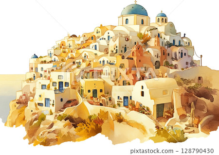 Idyllic hillside scene with charming whitewashed houses, vivid blue domes, and sunlit paths reflecting the enchanting essence of Santorini Idyllic hillside scene with charming whitewashed houses, vivid blue domes, and sunlit paths reflecting the enchanting essence of Santorini 128790430