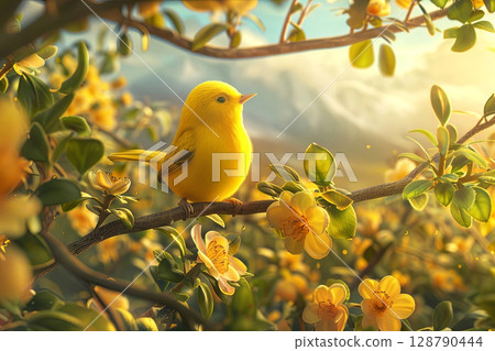 A beautiful yellow bird perched on a branch amidst vibrant blooms 128790444