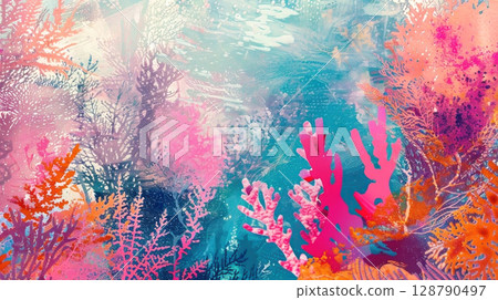 A mesmerizing blend of vibrant coral hues and oceanic blues, this digital artwork evokes the beauty 128790497