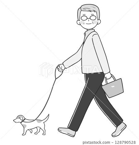 Senior man walking his dog cheerfully Monochrome Senior man walking his dog cheerfully Monochrome 128790528