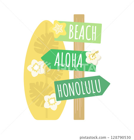 Hawaii arrow sign surfboard illustration 128790530