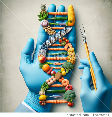 Explore the fusion of science and nutrition in this eye-catching artwork where vibrant foods form a DNA helix 128790561