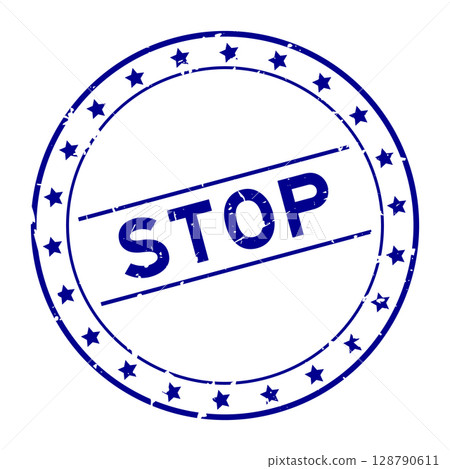 Grunge blue stop word round rubber seal stamp on white background 128790611