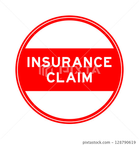 Red color round seal sticker in word insurance claim on white background 128790619